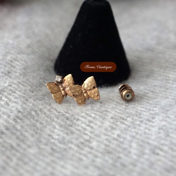 🦋 VINTAGE 2 Rose Gold Butterflies with Crystal Earring / Pin 🧷 - Picture 4 of 6